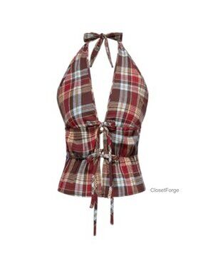 Y2K Plaid Tie Back Halter Top Vintage Backless Summer Going Out
